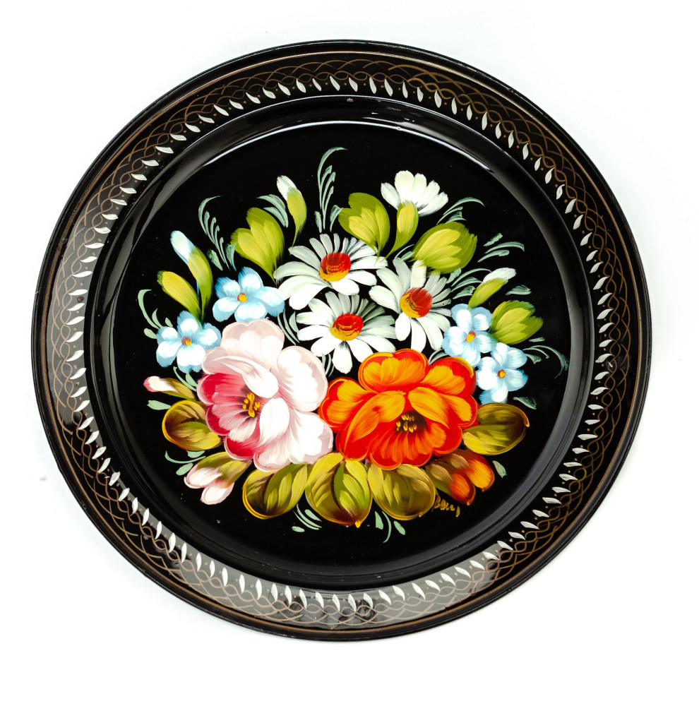 d 230 mm Zhostovo Patterns hand painted and lacquered Metal Forged Black Tray (by Lada Crafts)