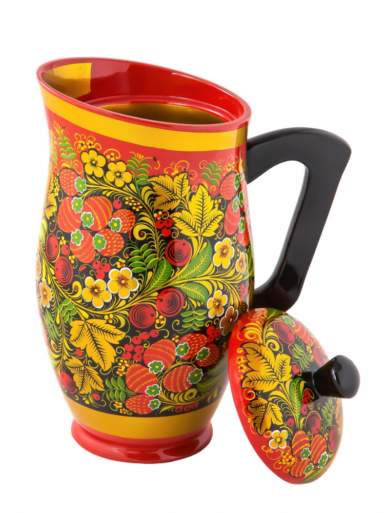 Pitcher and 6 Glasses for Kvass hand painted wooden Set (by Golden Khokhloma)