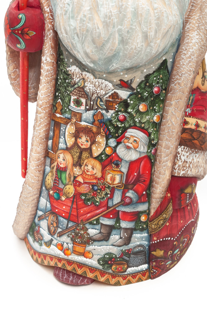 320 mm Santa with a Magic Staff and a Bag with hand painted Santa with Kids Carved Wood Collectible Figurine (by Sergey Christmas Workshop)