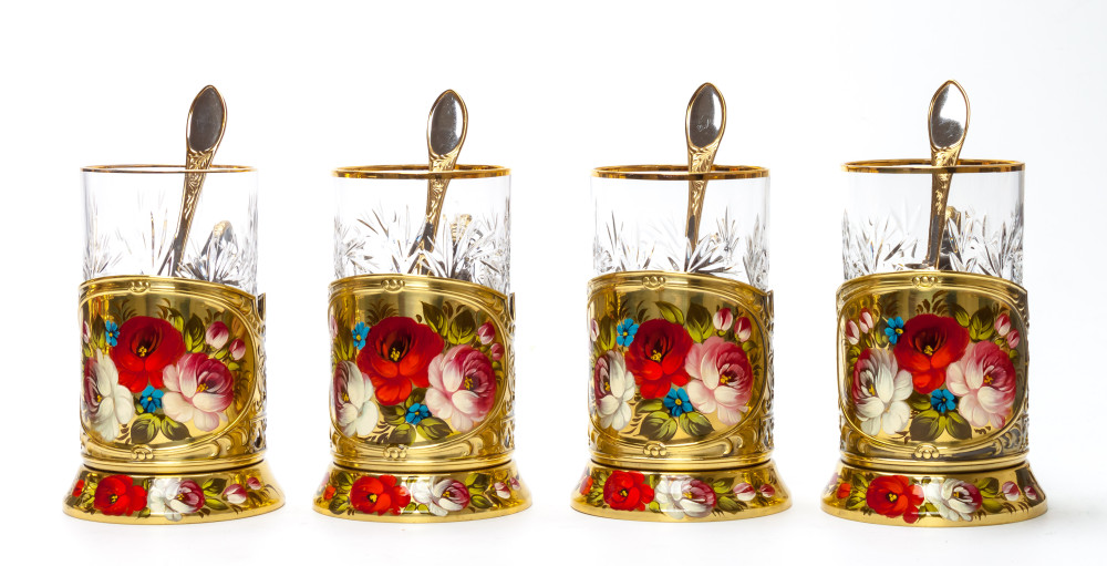 Zhostovo Flowers Electric Gold Samovar Kettle with 4 hand painted Brass Tea Glass Holders, Ceramic Teapot and metal Tray