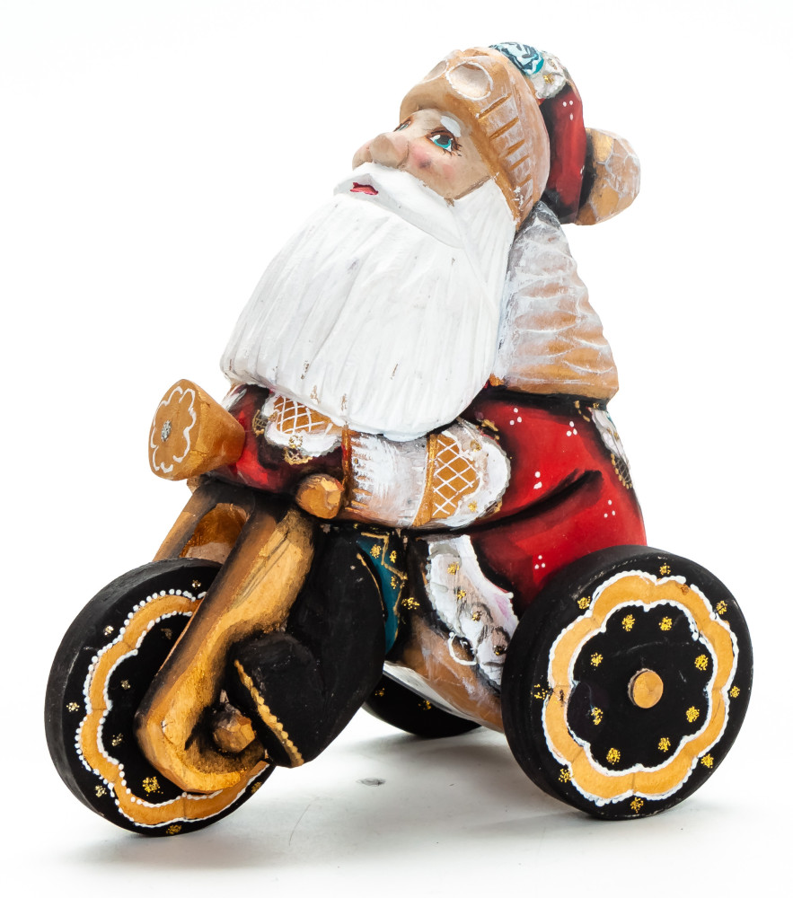 130 mm Santa Claus Riding the Bicycle handpainted Wooden Carved Statue (by Igor Carved Wooden Figures Studio)