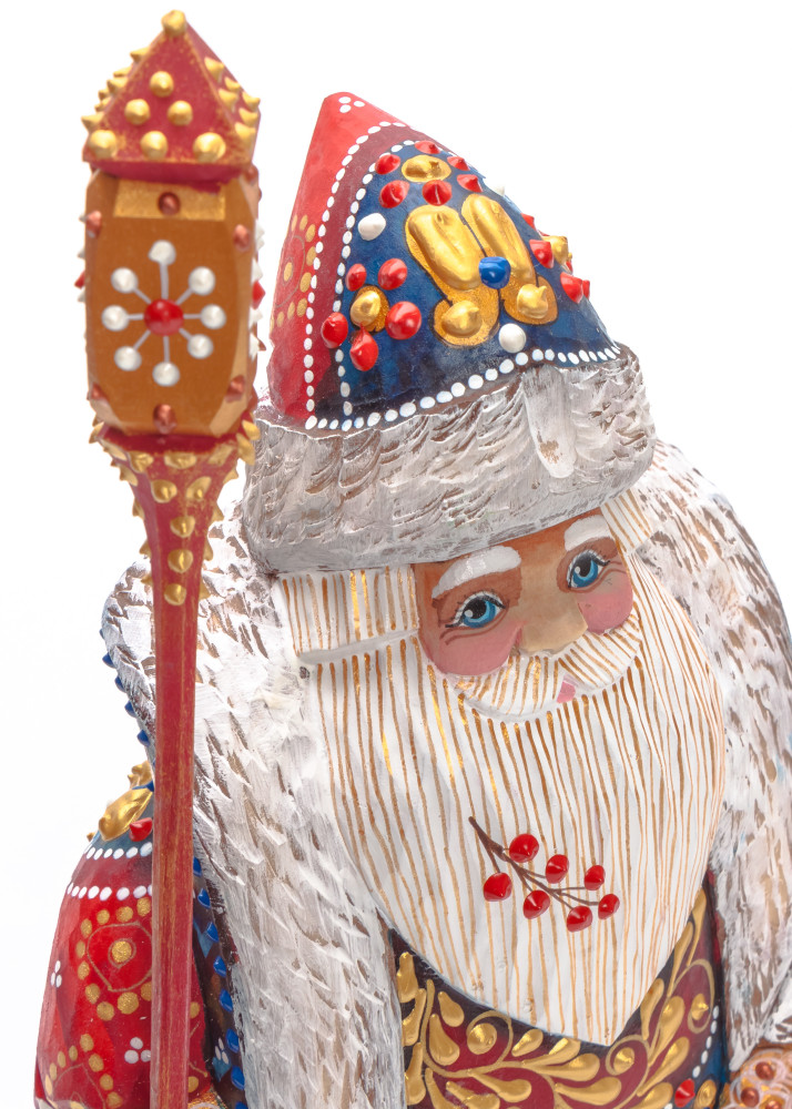 260 mm Santa with a Magic Staff and a Bag Carved Wood Hand Painted Collectible Figurine (by Natalia Nikitina Workshop)