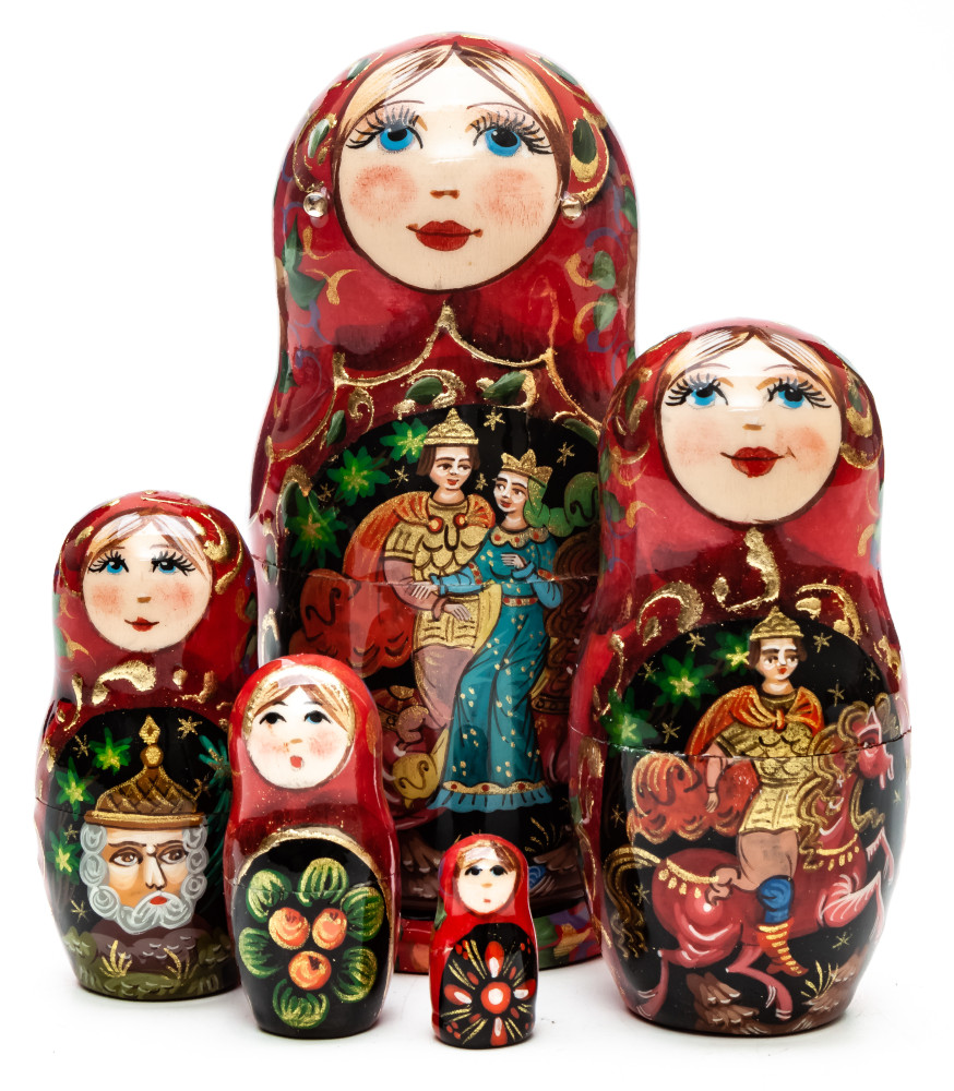 110 mm Ruslan and Lyudmila hand painted on wooden Matryoshka doll 5 pcs (by A Studio)