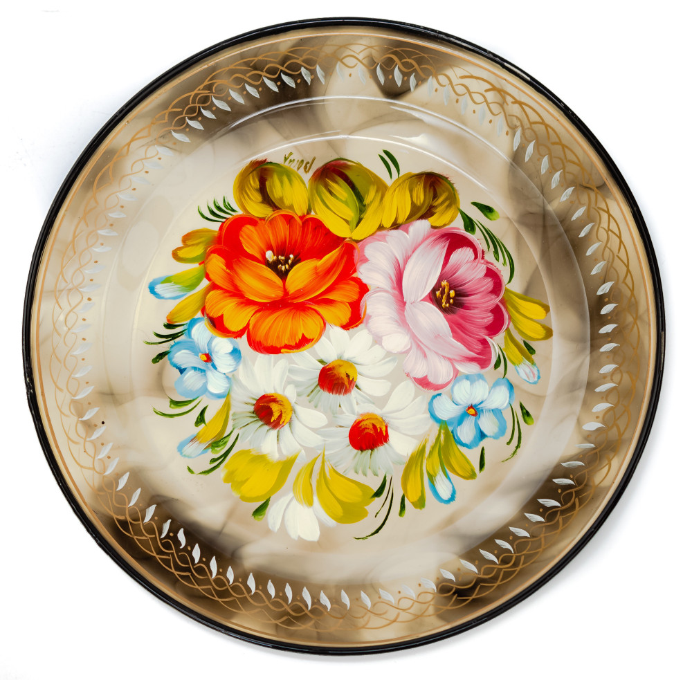  d 180 mm Zhostovo Patterns hand painted and lacquered Metal Forged Grey Tray (by Lada Crafts)