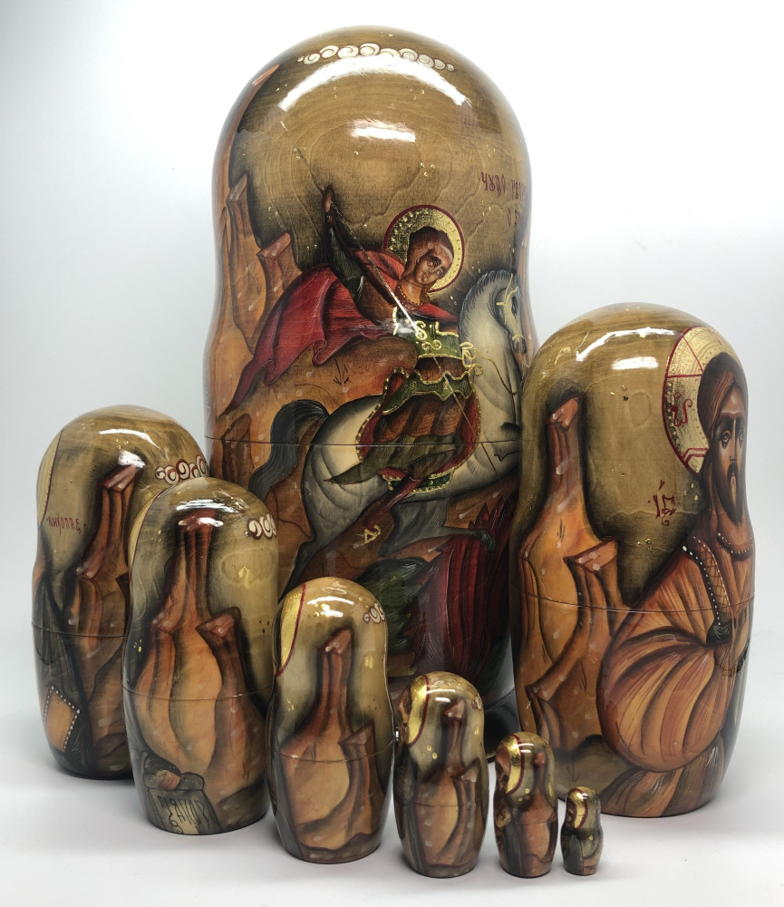 270 mm Russian Orthodox Icon hand painted on carved wooden Matryoshka doll 10 pcs (by Konstantin Studio)