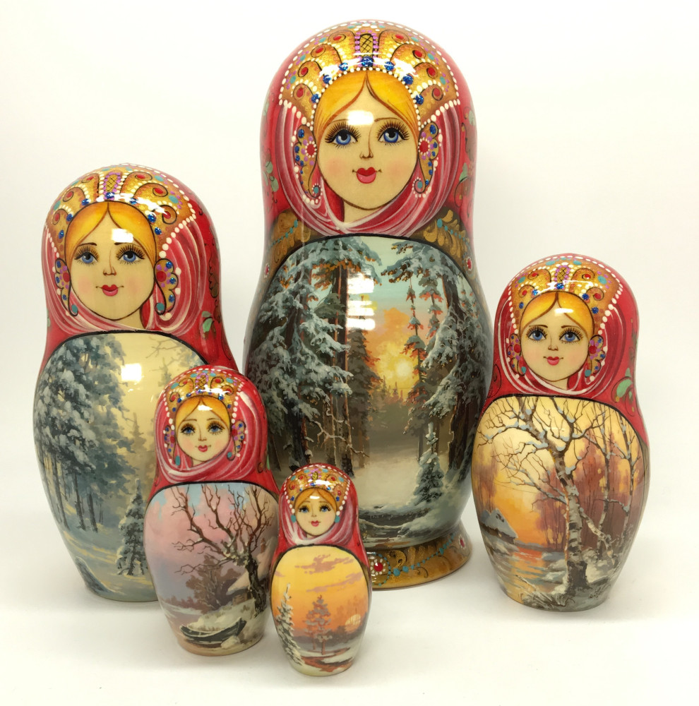 190 mm Winter Forest Landscape hand painted on Wooden Matryoshka doll 5 pcs (by Natalia crafts)