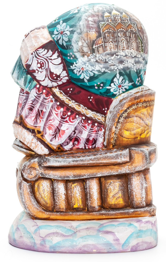 200 mm Santa with a Bag riding the Sleighs Carved Wood Hand Painted Collectible Figurine  (by Natalia Nikitina Workshop)