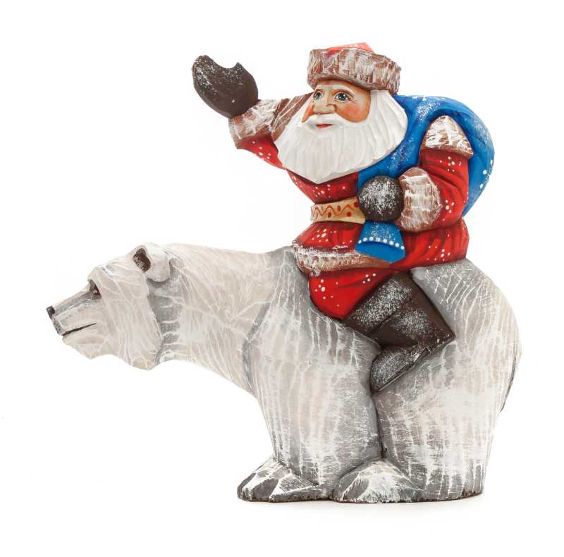 150 mm Santa with a Bag riding the Bear Carved Wood Hand Painted Collectible Figurine (by Sergey Christmas Workshop)
