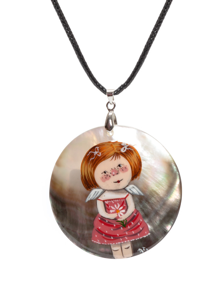 d50 mm Girl with a Flower hand painted Nacre Pendant (by Tatiana Shkatulka Crafts)