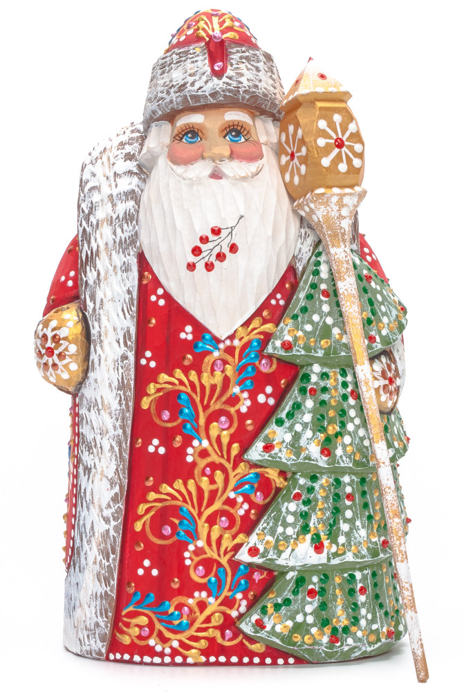 200 mm Santa with a Magic Staff and a Green Christmas Tree Carved Wood Hand Painted Collectible Figurine (by Natalia Nikitina Workshop)