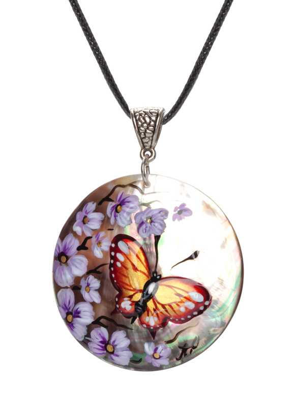 d50 mm Butterfly hand painted Nacre Pendant (by Tatiana Shkatulka Crafts)