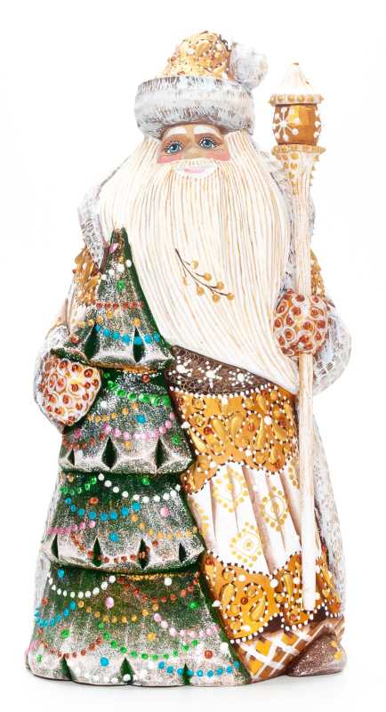 240 mm Santa Claus with a Green Christmas Tree and a Magic Staff Carved Wood Hand Painted Collectible Figurine (by Natalia Nikitina Workshop)