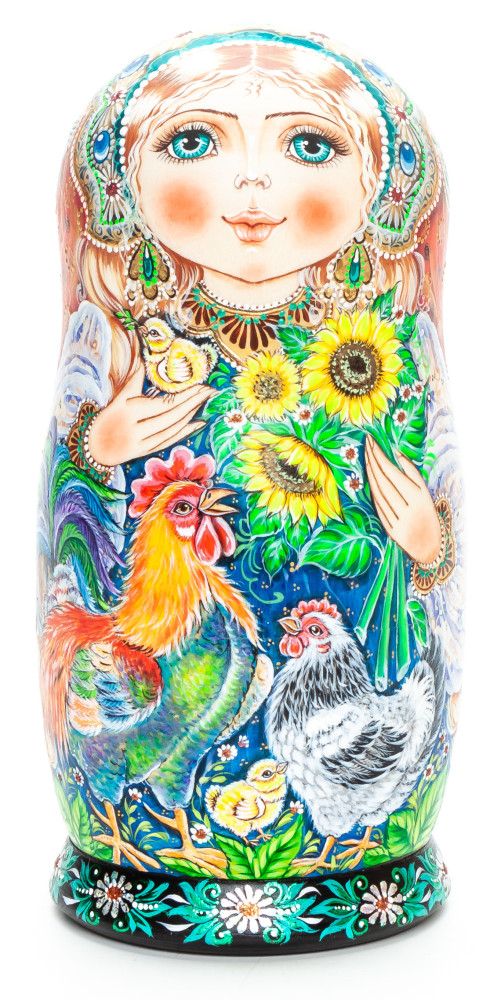 150 mm Cockerels and Sunflowers hand painted Matryoshka 5 pcs (by Galina Ulianova)