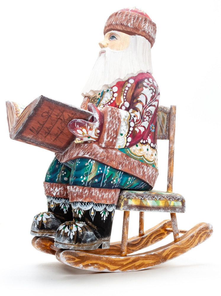 270 mm Santa Claus in a Rocking Chair with a Book handpainted Wooden Carved Statue (by Igor Carved Wooden Figures Studio)