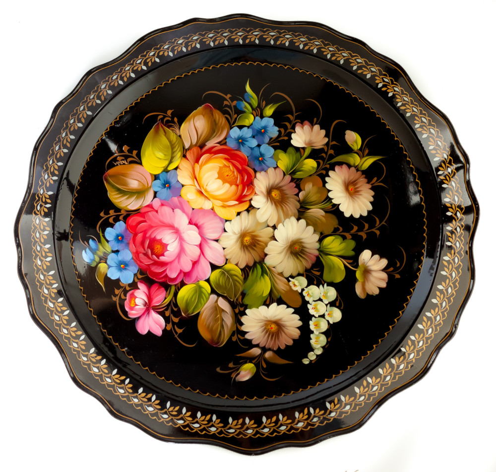 d 450 mm Zhostovo Patterns hand painted and lacquered by Ryabova Metal Forged Tray (by Lada Crafts)