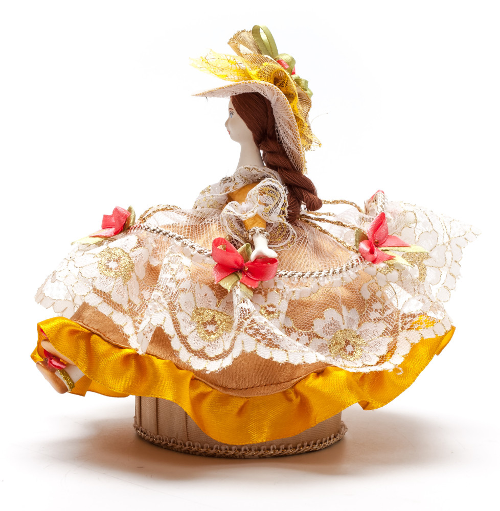 Girl in a nice Summer Hat and Dress sitting on Jewelry Box (hand-sewn Doll by Le Russe)