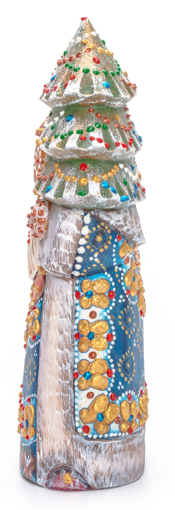 210 mm Santa with a Magic Staff and a Green Christmas Tree Carved Wood Hand Painted Collectible Figurine (by Natalia Nikitina Workshop)