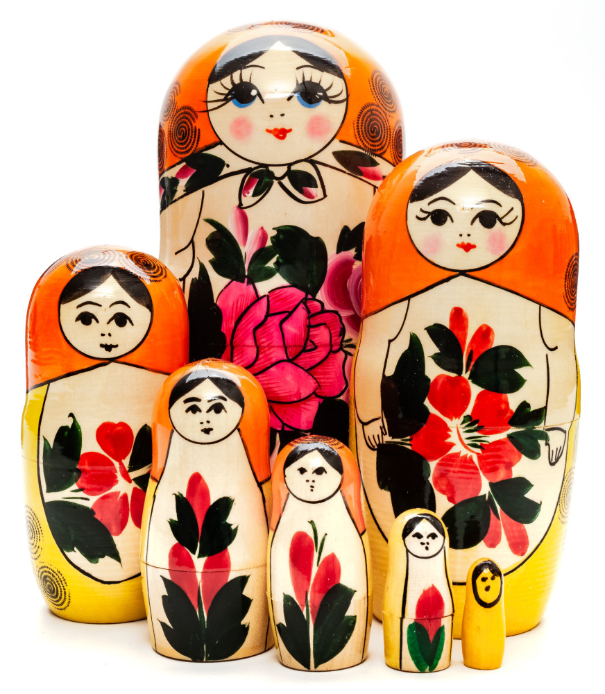 170 mm Orange Head Semenovskaya Hand Painted Wooden Russian Matryoshka Nesting Doll 7 pcs inside (by Ivan Studio)