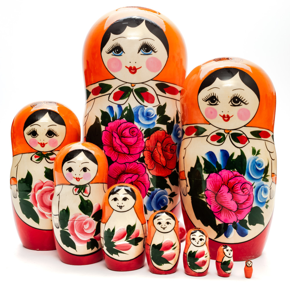 230 mm Orange Head Semenovskaya handpainted wooden Matryoshka Doll 9 pcs (by Ivan Studio)