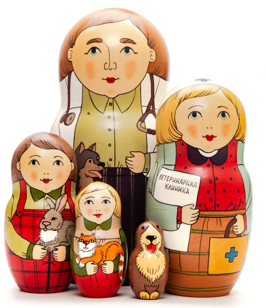 160 mm Veterinarian hand painted Traditional Russian Wooden Matryoshka doll 5 pcs (by Igor Malyutin)