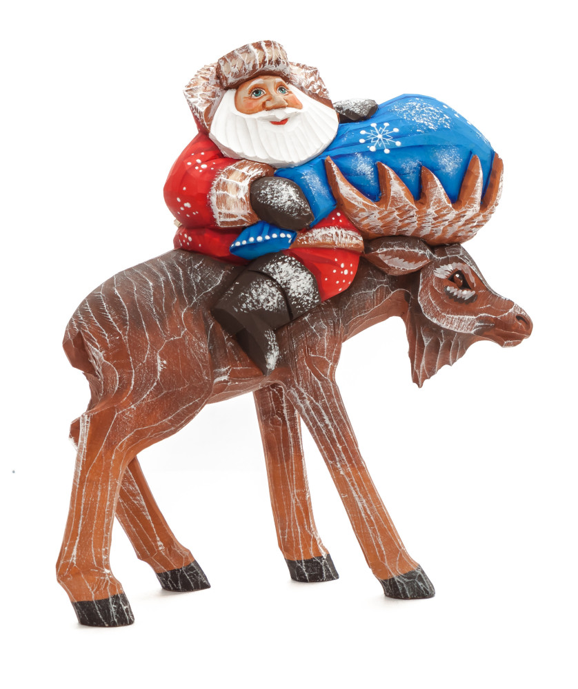 170 mm Santa with a Bag riding the Moose Carved Wood Hand Painted Collectible Figurine (by Sergey Christmas Workshop)