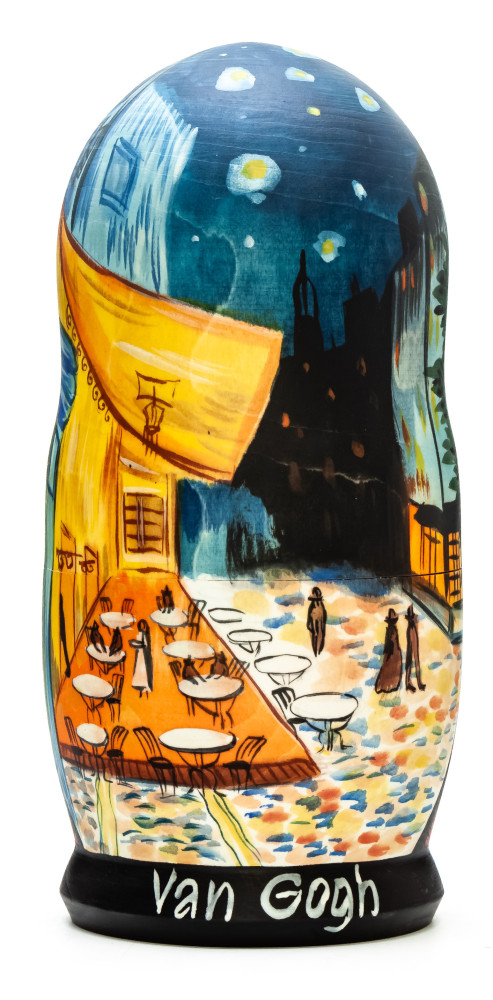 180 mm Café Terrace at Night by van Gogh hand painted on wooden Matryoshka doll 5 pcs (by Alexander Famous Paintings Studio)