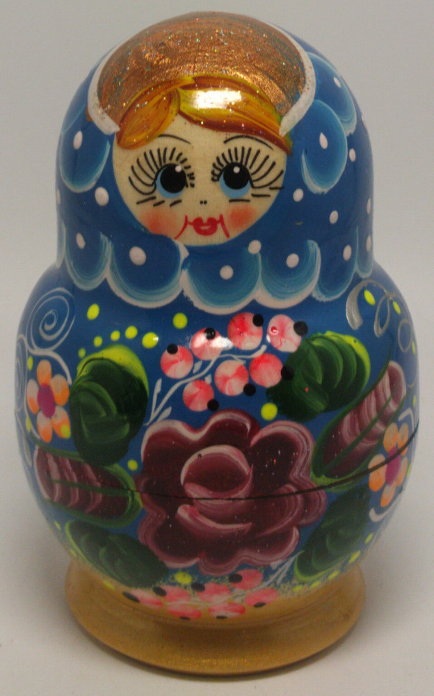 110mm Blue Flowers Art Matryoshka Doll 5pcs (by Valentina Crafts)