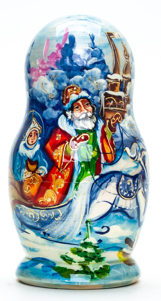 130 mm Santa Claus and Snowmaiden Princess riding Russian Troika hand painted wooden Matryoshka Doll 5 pcs (by Skazka)