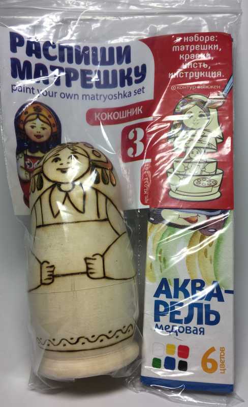 100 mm Blanc Matryoshka with Kokoshnik doll 3 pcs inside with paints, brushes, instruction manual (by Sergey Carved Wooden Dolls)