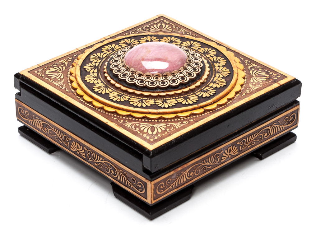110x110 mm Siberian Patterns hand made Birchbark Jewelry Box (by Maxim Birch)