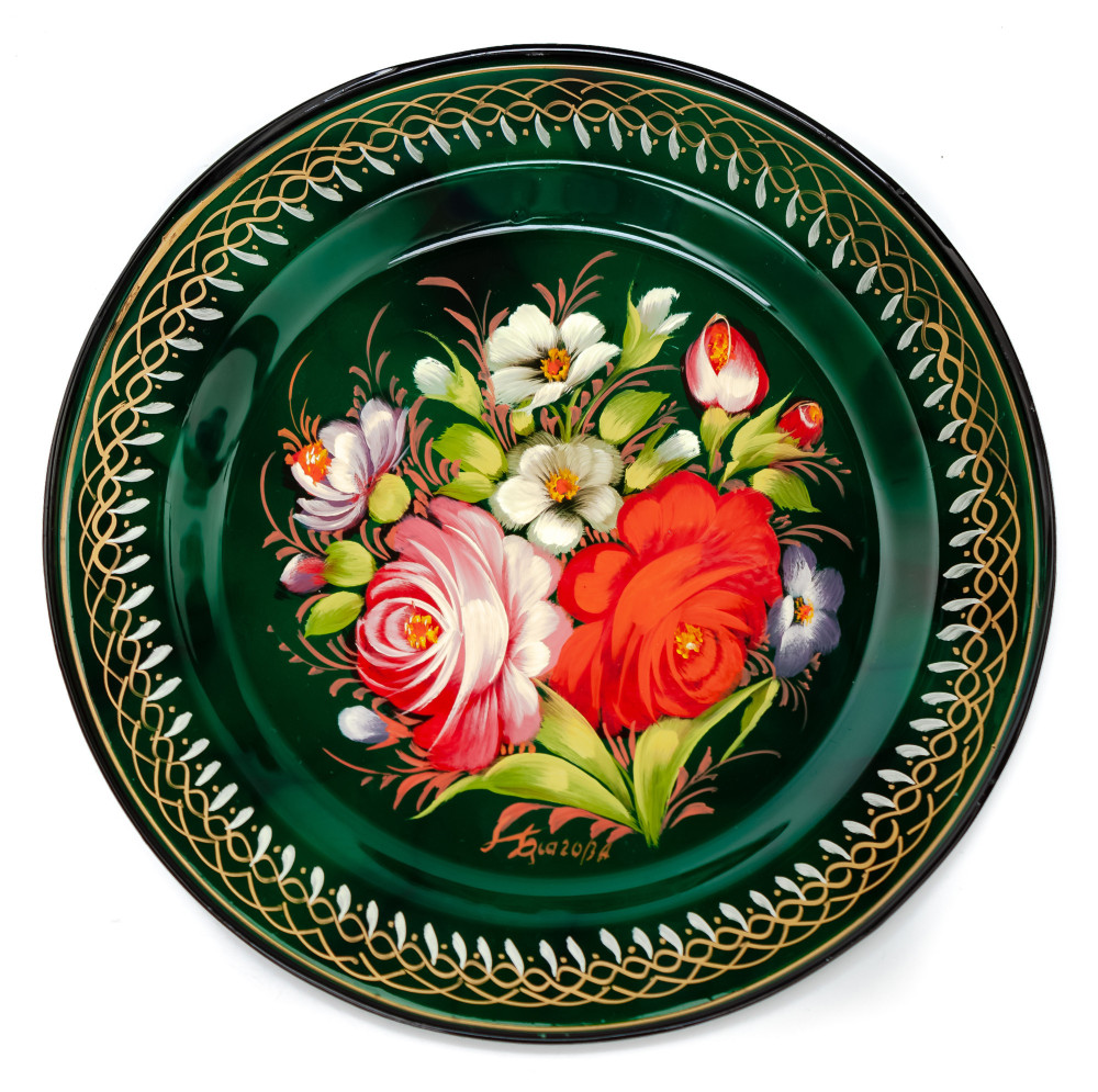  d 180 mm Zhostovo Patterns hand painted and lacquered by Blagova Metal Forged Green Tray (by Lada Crafts)