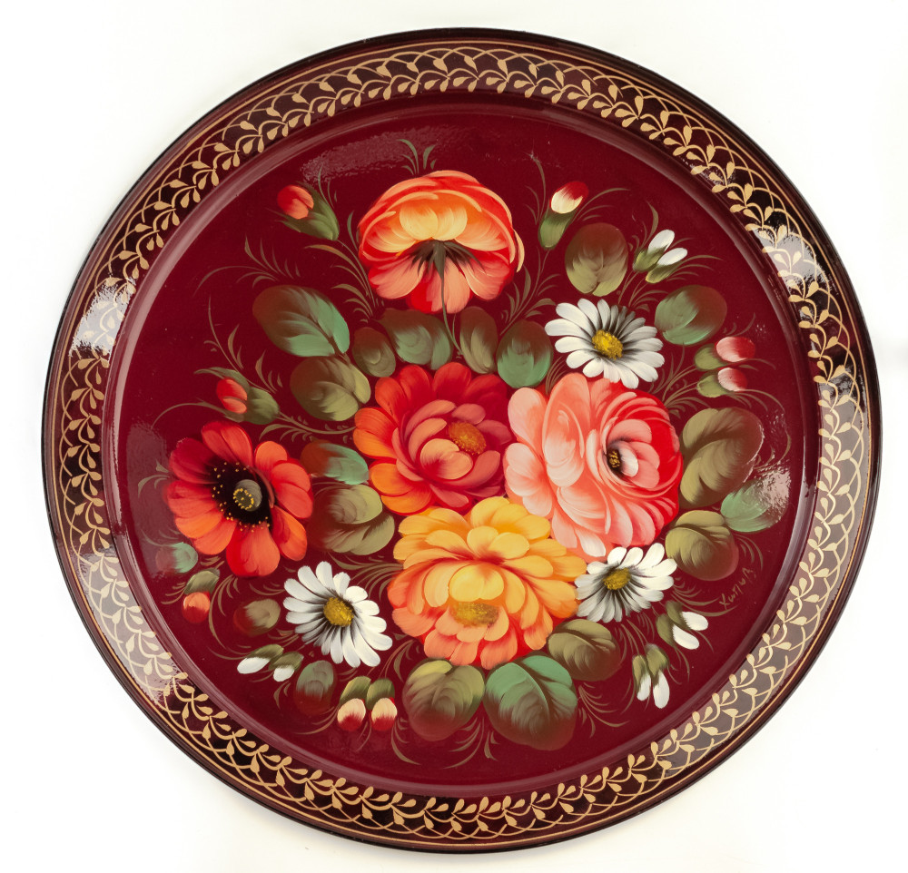 d 385 mm Zhostovo Patterns hand painted and lacquered by Hitrova Metal Forged Tray (by Lada Crafts)
