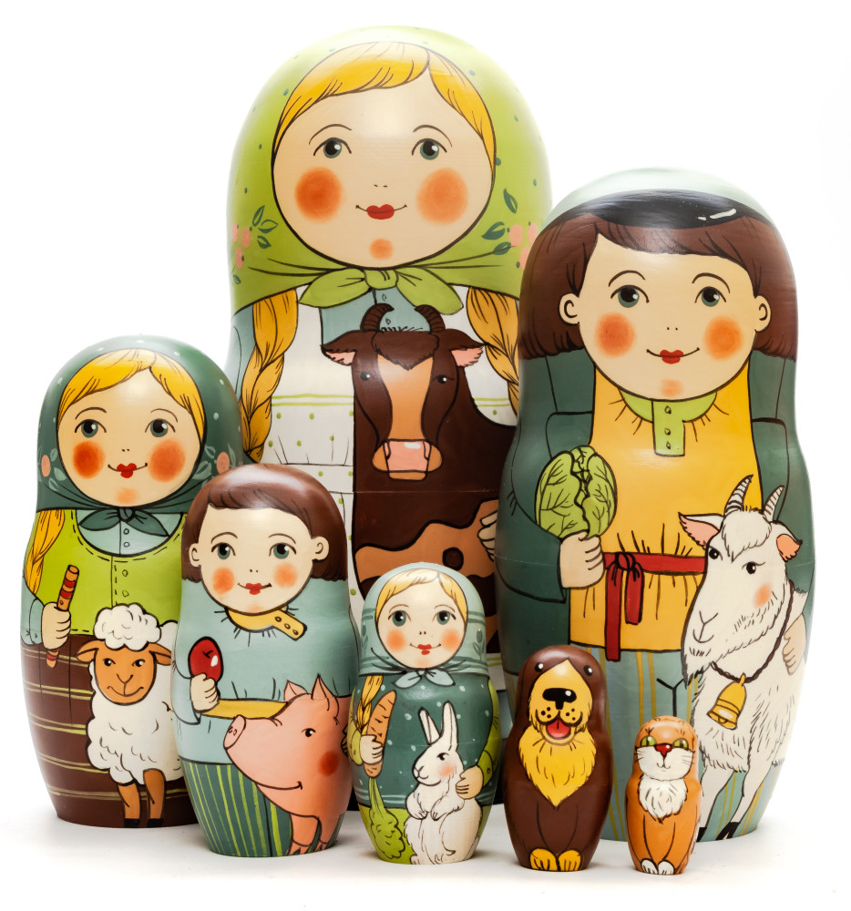230mm Mistress with Cow hand painted Traditional Russian Wooden Matryoshka doll 7 pcs (by Igor Malyutin)