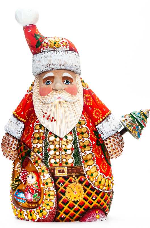 290 mm Santa with Christmas Green Tree Carved Wood Hand Painted Collectible Figurine  (by Natalia Nikitina Workshop)