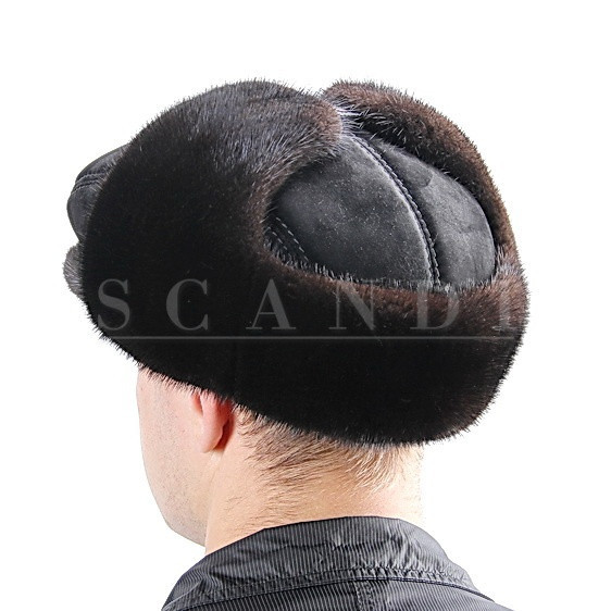 Black Suede Bugatti Cap with Ear flaps and Mink Fur (by Scandi Furs)