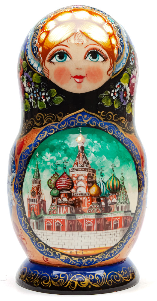230 mm Moscow Kremlin and Snt Basil Cathedral hand painted Matryoshka 5 pcs with Zhostovo ornaments (by Olga Zaitseva)