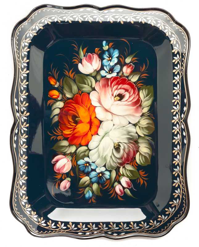 255x330mm Zhostovo Patterns hand painted and lacquered Metal Forged Tray (by Lada Crafts)