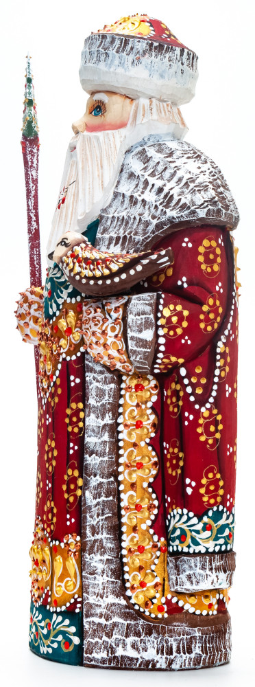 230 mm Santa with a Magic Staff and a Bird handpainted Wooden Carved Statue (by Natalia Nikitina Workshop)