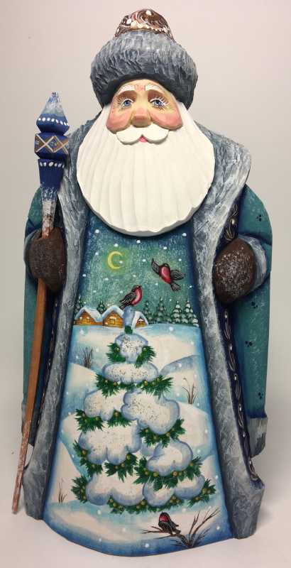 215 mm Santa with Magic Staff and Christmas Green Tree handpainted Wooden Carved Statue (by Sergey Christmas Workshop)
