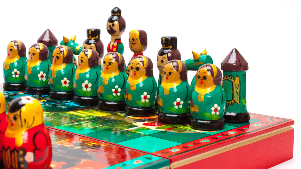 Wooden Chess Board with Russian Samovars Hand Painted Chess Pieces
