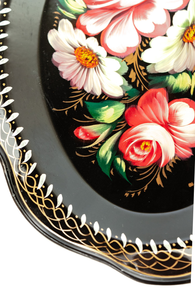 180x220 mm Zhostovo Patterns hand painted and lacquered by Blagova Metal Forged Black Tray (by Lada Crafts)