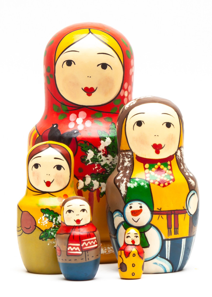 110 mm Mistress with Bullfinches and a Spruce Branch hand painted Traditional Russian Wooden Matryoshka doll 5 pcs (by Sergey Malyutin)
