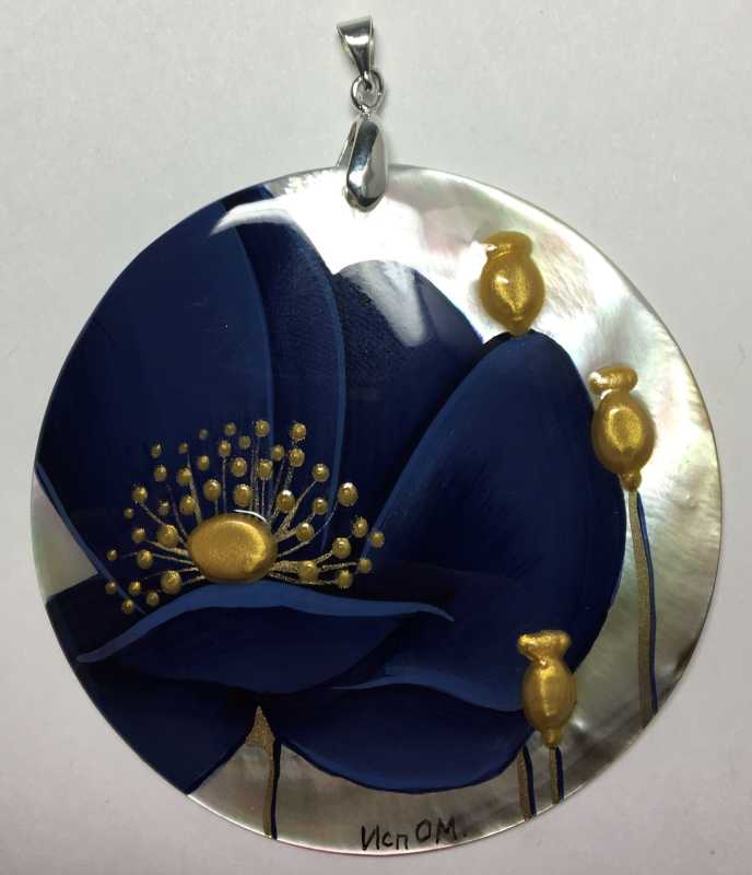 d60 mm Dark Blue Poppies hand painted Nacre Pendant (by Tatiana Shkatulka Crafts)