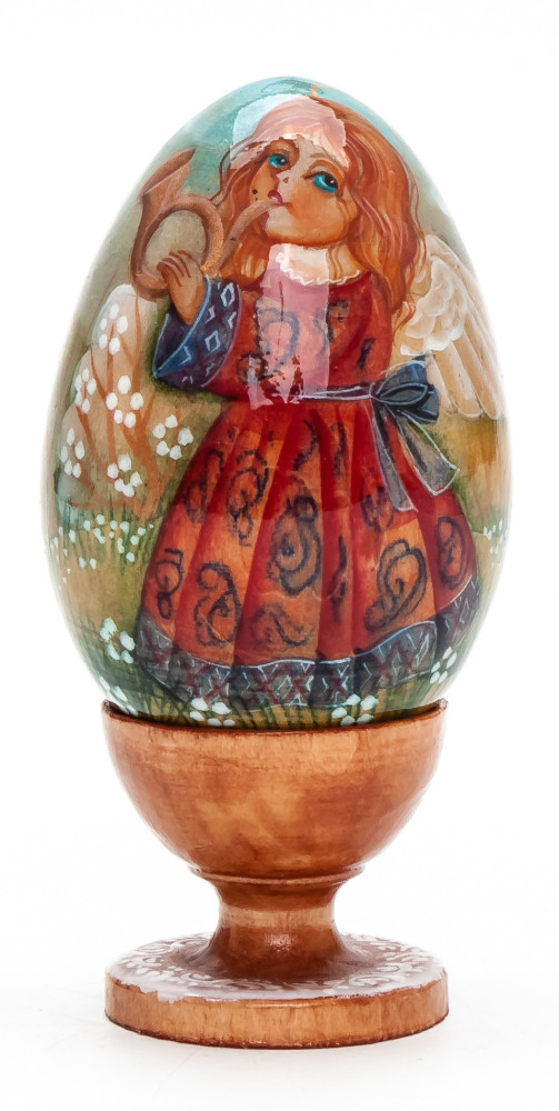100mm Angel with a Horn handpainted wooden Egg with standby (by Andrey Christams Ornaments Studio)