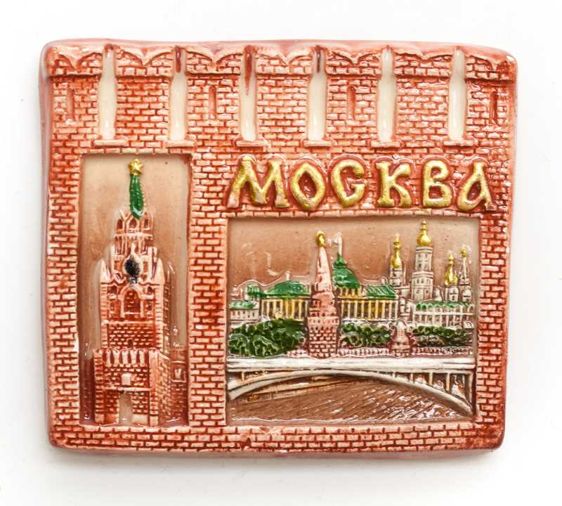 70x60 mm Spasskaya Tower Moscow Kremlin and River Ceramic Fridge Magnet (by Skazka)