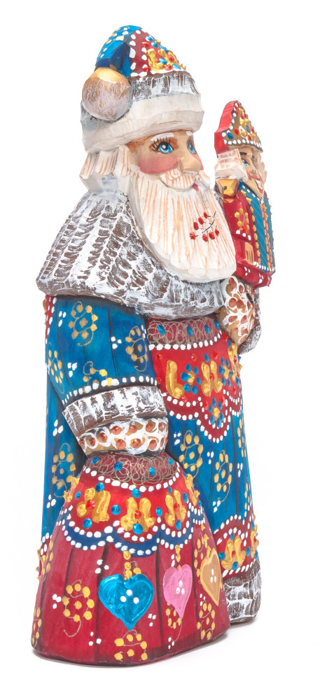 180 mm Santa with a Bag and a Nutcracker Carved Wood Hand Painted Collectible Figurine (by Natalia Nikitina Workshop)