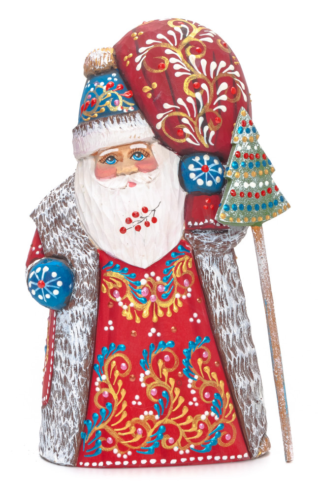 190 mm Santa with a Magic Staff and a Bag Carved Wood Hand Painted Collectible Figurine (by Natalia Nikitina Workshop)