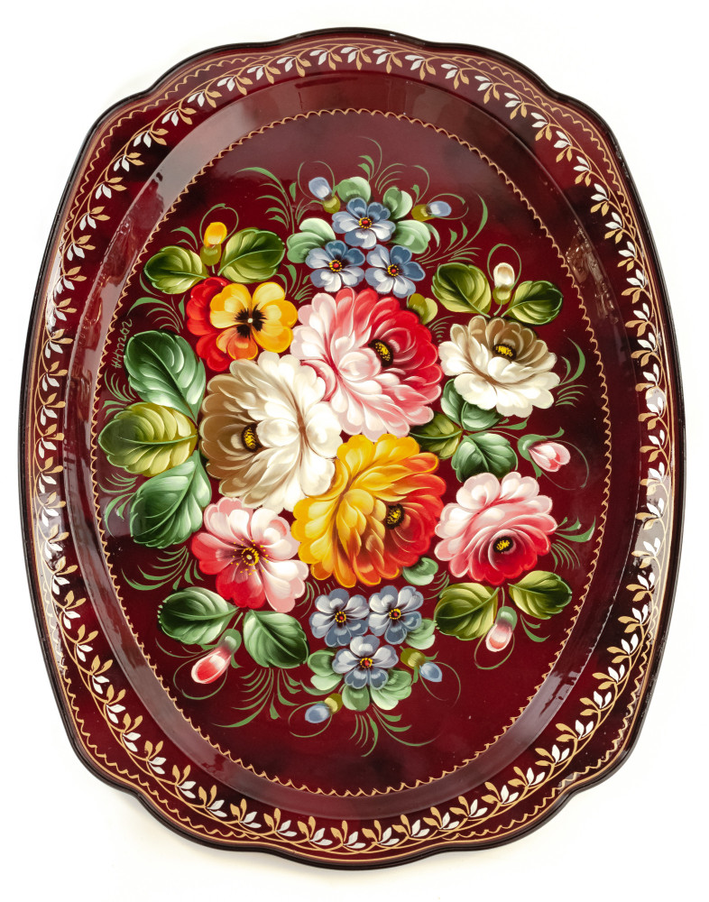 300x395 mm Zhostovo Patterns hand painted and lacquered by Gogina Metal Forged Tray (by Lada Crafts)