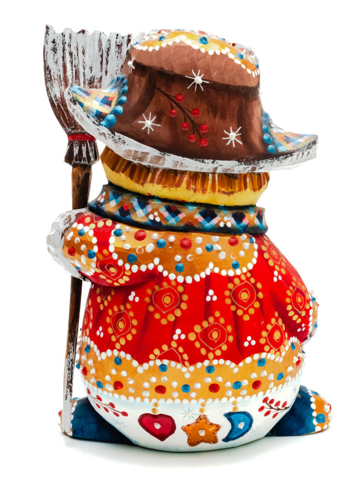 140 mm Snowman with a Broom on wooden Figurine (by Natalia Nikitina Workshop)