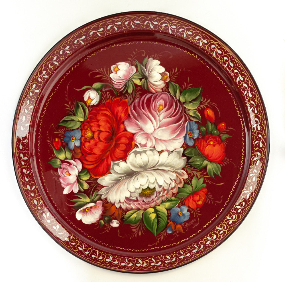d 385 mm Zhostovo Patterns hand painted and lacquered by Golovina Metal Forged Tray (by Lada Crafts)